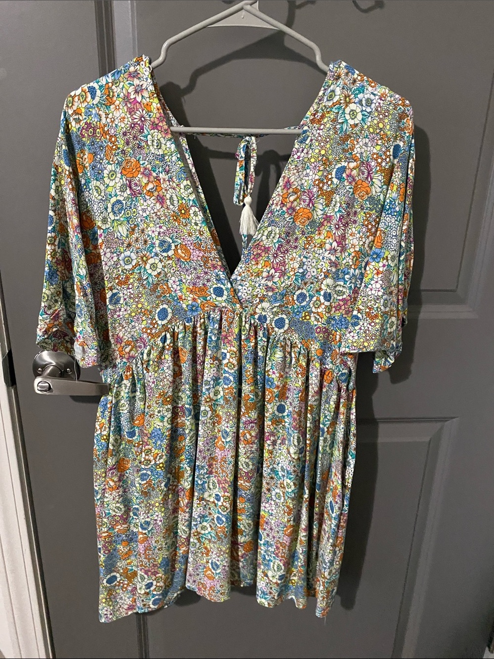 O'Neill Floral V‑Neck Mini Dress in Blue, Orange, Green